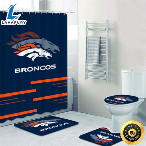 NFL Denver Broncos Bathroom 4pcs Rugs Set Bath Mat Shower Curtain Toilet Lid Cover