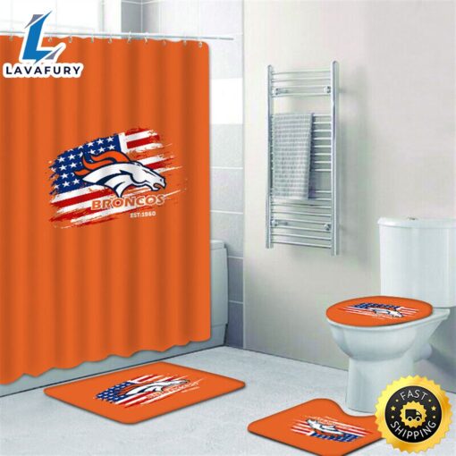 NFL Denver Broncos Bathroom 4pcs Rugs Set Bath Mat Shower Curtain Toilet Lid Cover Flag