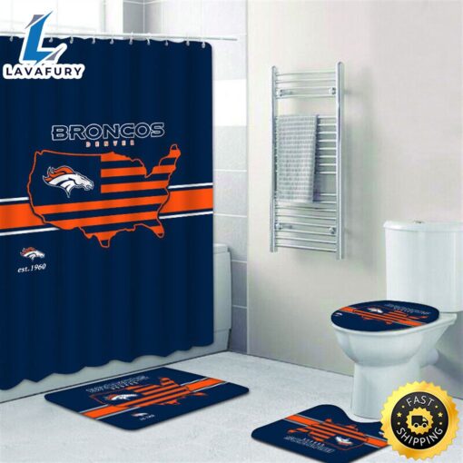 NFL Denver Broncos Bathroom 4pcs Rugs Set Bath Mat Shower Curtain Toilet Lid Cover Set