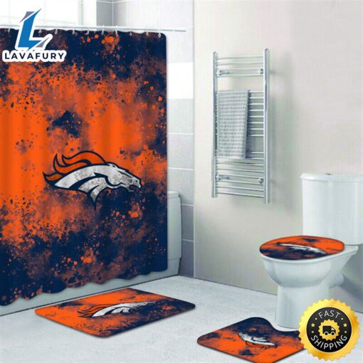 NFL Denver Broncos Bathroom 4pcs Rugs Set Bath Mat Shower Curtain Toilet Lid Cover S�t