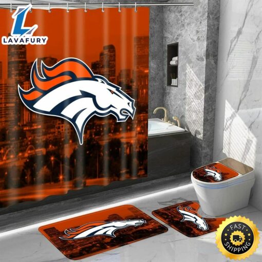 NFL Denver Broncos Bathroom Set Shower Curtains Non-Slip Rugs Toilet Lid Cover Mats 3d