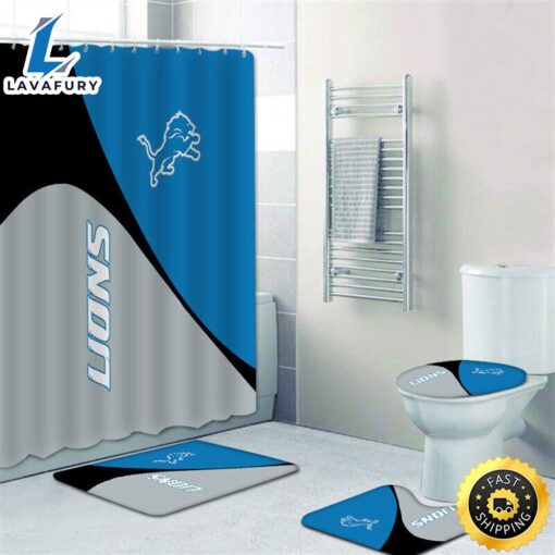 NFL Detroit Lions 4pcs Bathroom Set Shower Curtain Non-Slip Rug Toilet Lid Cover Mat