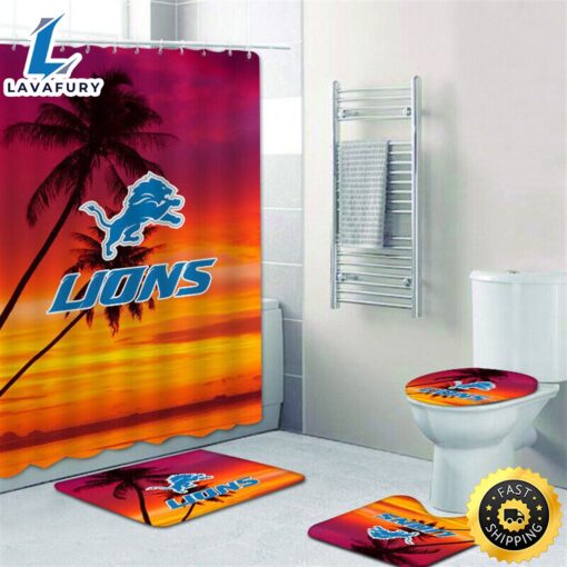 NFL Detroit Lions 4pcs Bathroom Set Shower Curtain Non-Slip Rug Toilet Lid Cover Mat Summer