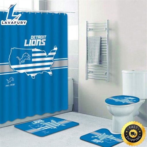 NFL Detroit Lions Non-Slip Rugs Toilet Lid Cover Bath Mat Shower Curtain 4pcs