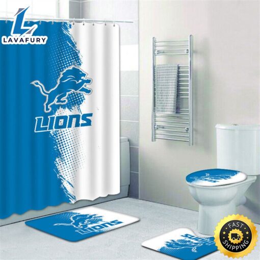 NFL Detroit Lions Non-Slip Rugs Toilet Lid Cover Bath Mat Shower Curtain 4pcs Set