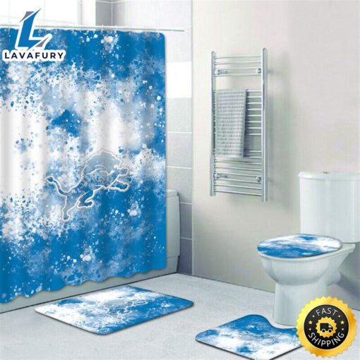 NFL Detroit Lions Non-Slip Rugs Toilet Lid Cover Bath Mat Shower Curtain 4pcs Sets 3d