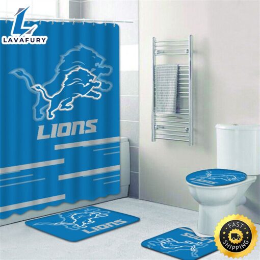 NFL Detroit Lions Non-Slip Rugs Toilet Lid Cover Bath Mat Shower Curtain 4pcs Sets