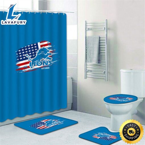 NFL Flag Detroit Lions Non-Slip Rugs Toilet Lid Cover Bath Mat Shower Curtain 4pcs Sets