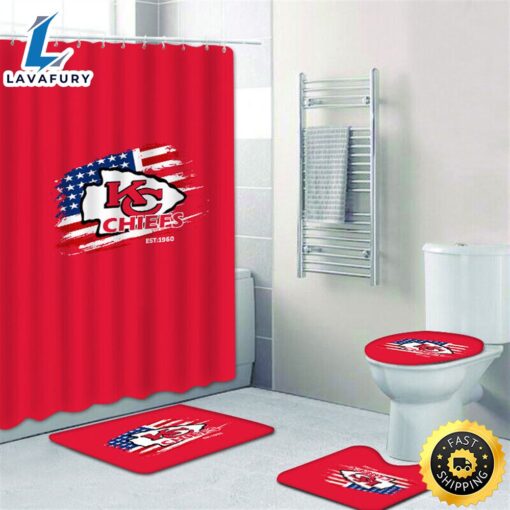 NFL Flag Kansas City Chiefs 4pcs Rugs Set Bath Mat Shower Curtain Toilet Lid Cover Gift