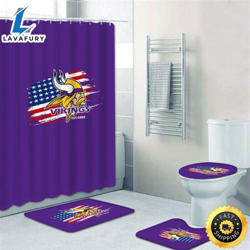 NFL Flag Minnesota Vikings Bath Rugs Set 4pcs Shower Curtain Non-Slip Toilet Lid Cover