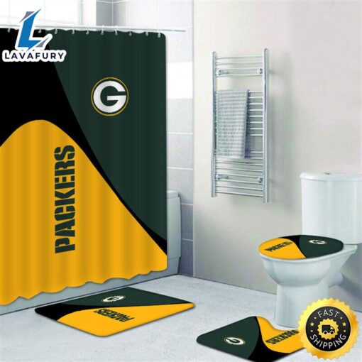 NFL Green Bay Packers 4pcs Bathroom Rug Set Bath Shower Curtain Toilet Lid Cover Mat 3d