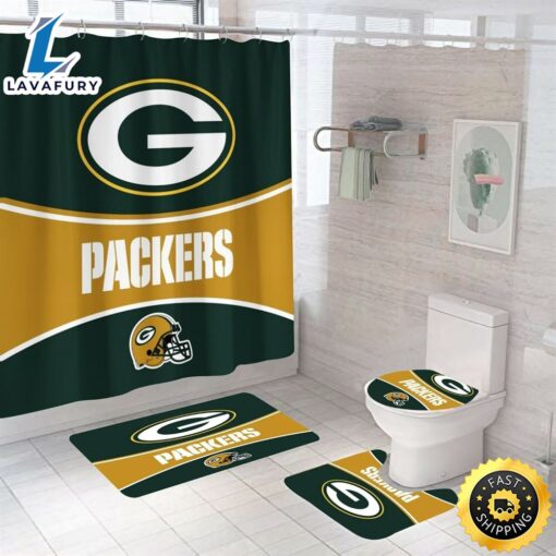 NFL Green Bay Packers 4pcs Bathroom Rug Set Bath Shower Curtain Toilet Lid Cover Mat