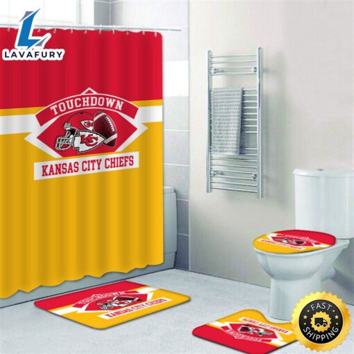 NFL Hot Kansas City Chiefs 4pcs Rugs Set Bath Mat Shower Curtain Toilet Lid Cover Gift