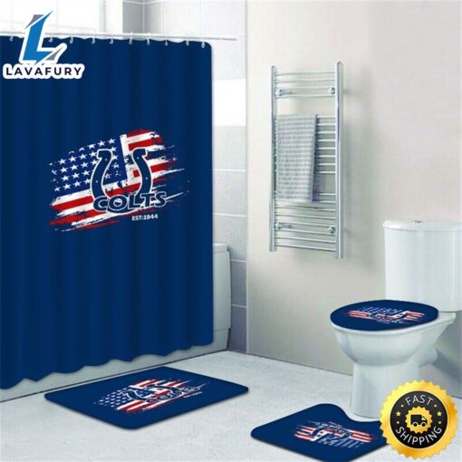 NFL Indianapolis Colts 4pcs Bathroom Rugs Set Shower Curtain Toilet Lid Cover Decor