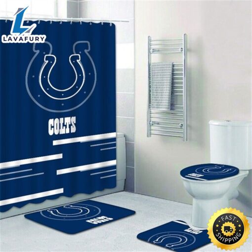 NFL Indianapolis Colts 4pcs Bathroom Rugs Set Shower Curtain Toilet Lid Cover Decor Logo