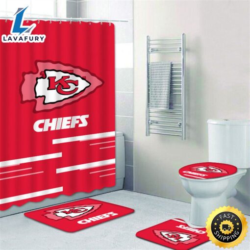 NFL Kansas City Chiefs 4pcs Rugs Set Bath Mat Shower Curtain Toilet Lid Cover Gift 3d