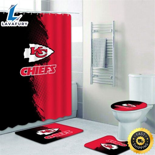 NFL Kansas City Chiefs 4pcs Rugs Set Bath Mat Shower Curtain Toilet Lid Cover Gift