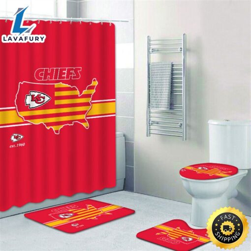 NFL Kansas City Chiefs 4pcs Rugs Set Bath Mat Shower Curtain Toilet Lid Cover Gift Logo