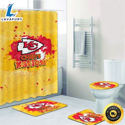 NFL Kansas City Chiefs 4pcs Rugs Set Bath Mat Shower Curtain Toilet Lid Cover Gift New