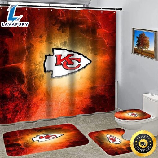 NFL Kansas City Chiefs Bathroom Set Shower Curtain Non-Slip Rug Toilet Lid Cover Mat