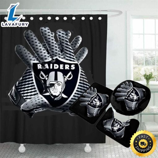 NFL Las Vegas Raiders Bathroom Set Shower Curtain Non-Slip Rug Toilet Lid Cover Mats