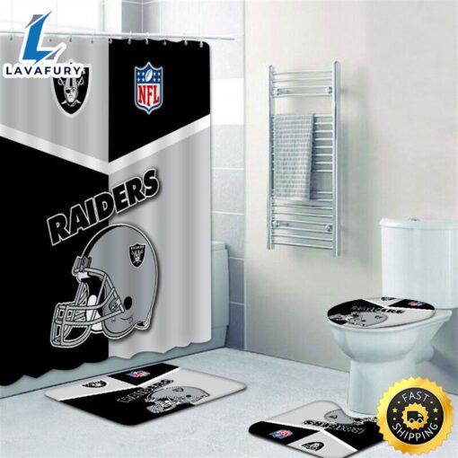 NFL Las Vegas Raiders Shower Curtain 4pcs Toilet Lid Cover Non-Slip Bath Rugs