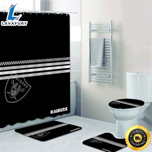 NFL Las Vegas Raiders Shower Curtain 4pcs Toilet Lid Cover Non-Slip Bath Rugs Set 2