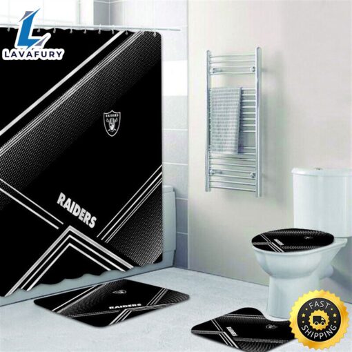 NFL Las Vegas Raiders Shower Curtain 4pcs Toilet Lid Cover Non-Slip Bath Rugs Set 3