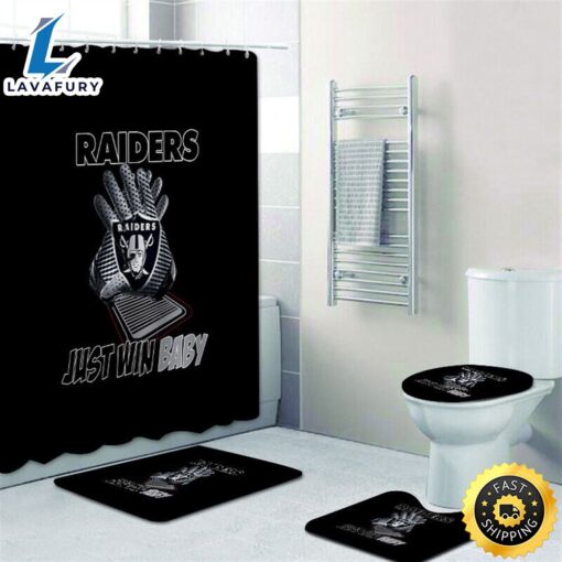 NFL Las Vegas Raiders Shower Curtain 4pcs Toilet Lid Cover Non-Slip Bath Rugs Set 4