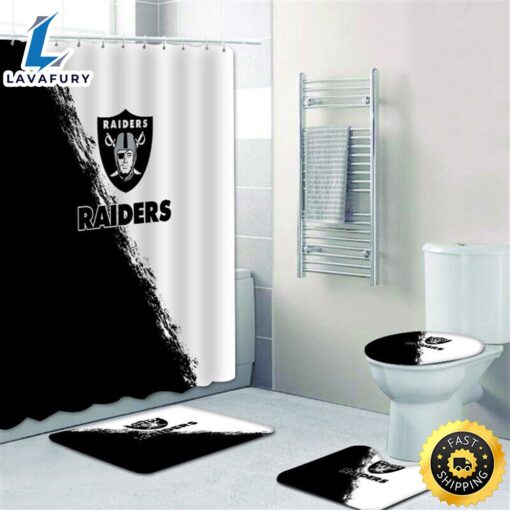 NFL Las Vegas Raiders Shower Curtain 4pcs Toilet Lid Cover Non-Slip Bath Rugs Set 5