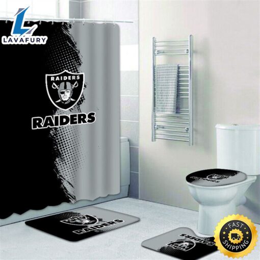 NFL Las Vegas Raiders Shower Curtain 4pcs Toilet Lid Cover Non-Slip Bath Rugs Set