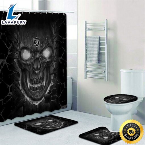 NFL Las Vegas Raiders Shower Curtain 4pcs Toilet Lid Cover Non-Slip Bath Rugs Set Skull