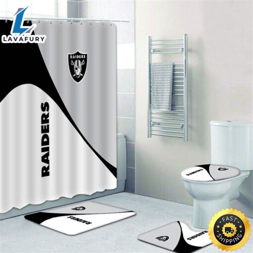 NFL Las Vegas Raiders Shower Curtain 4pcs Toilet Lid Cover Non-Slip Bath Rugs Sets