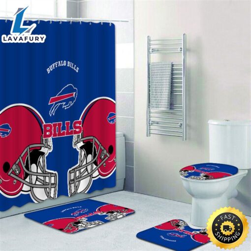 NFL Logo Buffalo Bills Shower Curtain Non-Slip Bath Mat Toilet Lid Cover Rug Bathroom Set