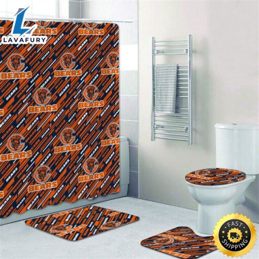 NFL Logo Chicago Bears 4pcs Bathroom Set Shower Curtain Non-Slip Rug Toilet Lid Cover Mat