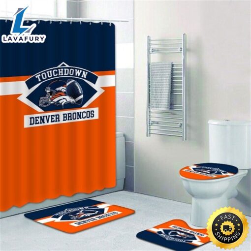 NFL Logo Denver Broncos 4 Pieces Bathroom Rugs Set Shower Curtain Toilet Lid Cover Decor