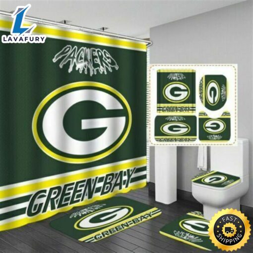 NFL Logo Green Bay Packers 4pcs Bathroom Rug Set Bath Shower Curtain Toilet Lid Cover Mat