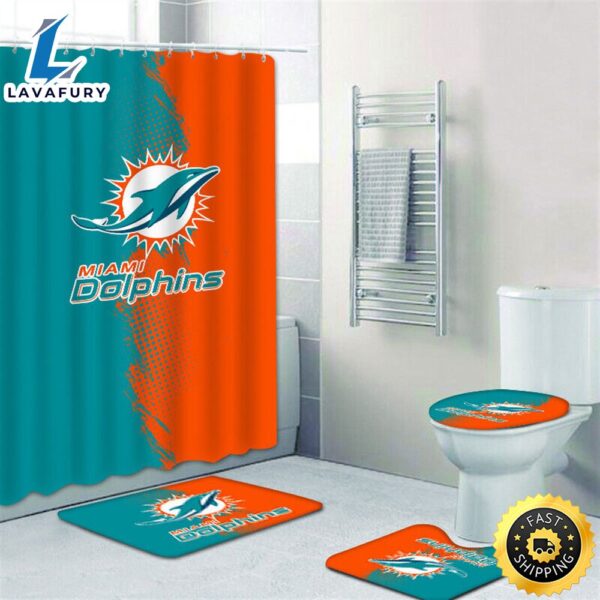 NFL Logo Miami Dolphins Non-Slip Rugs Toilet Lid Cover Bath Mat Shower Curtain 4pcs Sets