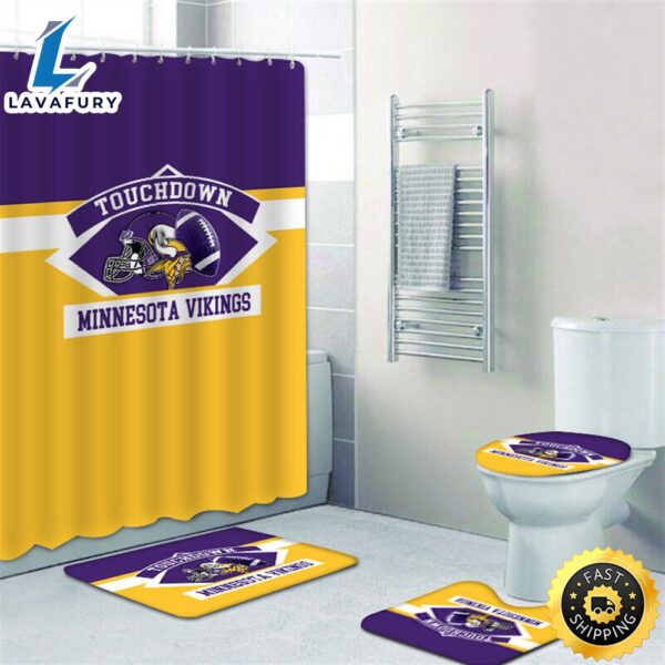NFL Logo Minnesota Vikings Bath Rugs Set 4pcs Shower Curtain Non-Slip Toilet Lid Cover