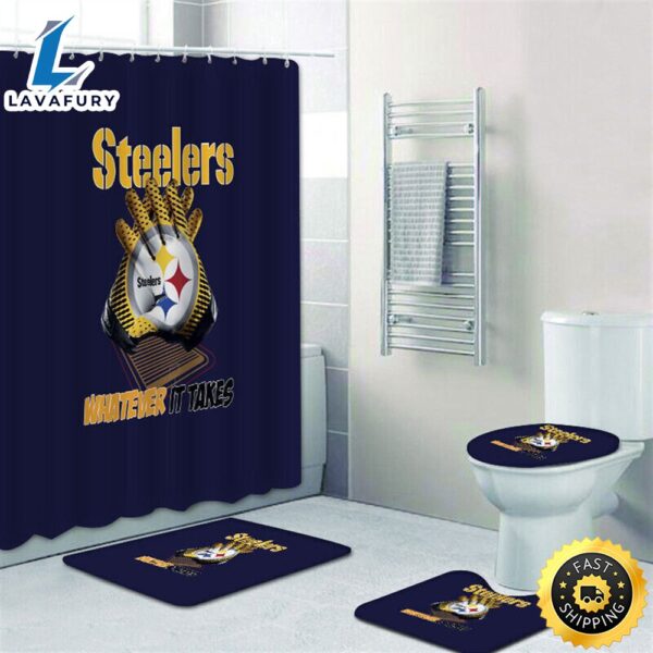 NFL Logo Pittsburgh Steelers 4pcs Bathroom Rugs Set Shower Curtains Toilet Lid Cover Mats