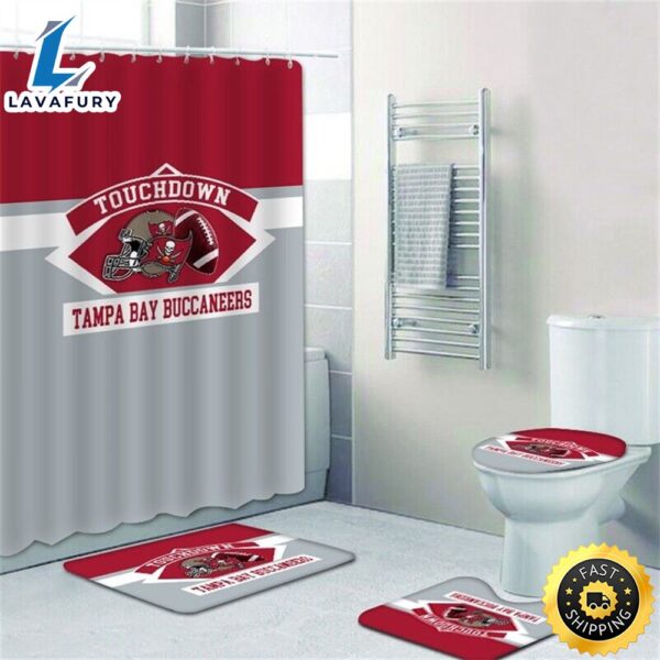 NFL Logo Tampa Bay Buccaneers 4pcs Bathroom Rugs Set Shower Curtain Toilet Lid Cover Gift