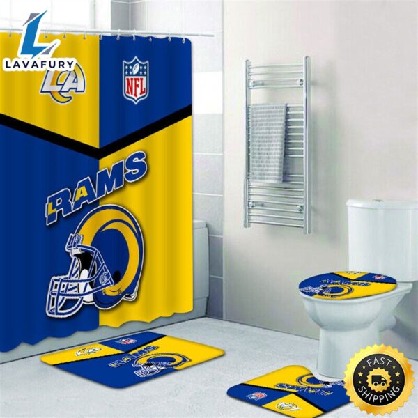 NFL Los Angeles Rams Shower Curtain Non-Slip Bath Mat Rug Toilet Lid Cover 4pcs