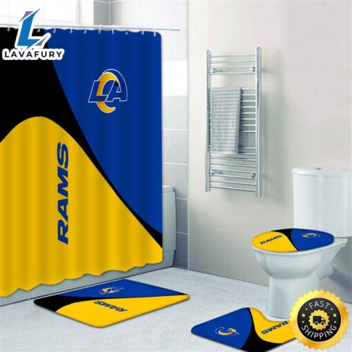 NFL Los Angeles Rams Shower Curtain Non-Slip Bath Mat Rug Toilet Lid Cover 4pcs Set 3d