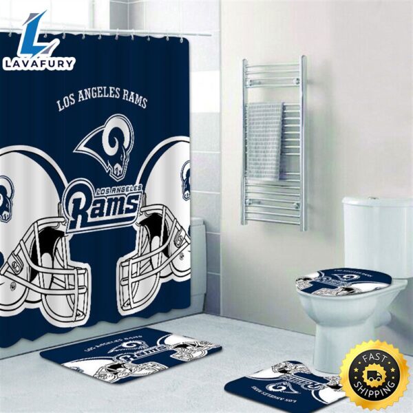 NFL Los Angeles Rams Shower Curtain Non-Slip Bath Mat Rug Toilet Lid Cover 4pcs Set