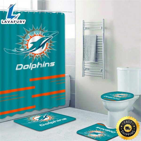 NFL Miami Dolphins Non-Slip Rugs Toilet Lid Cover Bath Mat Shower Curtain 4pcs