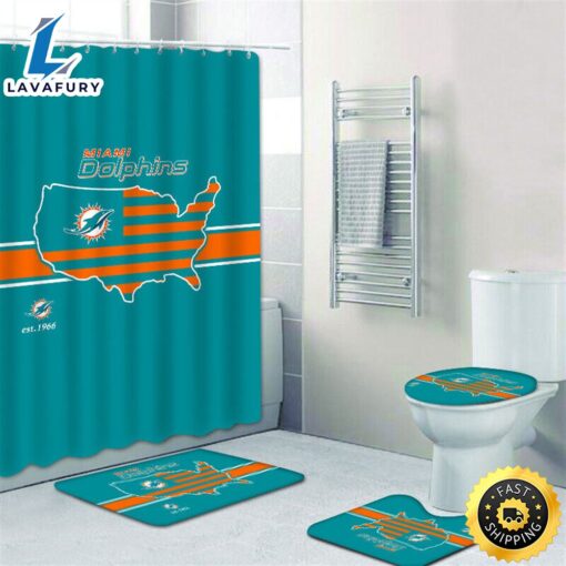 NFL Miami Dolphins Non-Slip Rugs Toilet Lid Cover Bath Mat Shower Curtain 4pcs Set