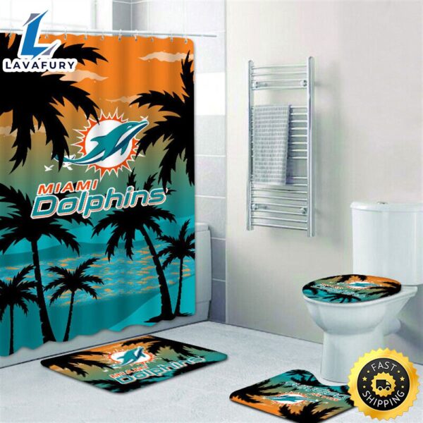 NFL Miami Dolphins Non-Slip Rugs Toilet Lid Cover Bath Mat Shower Curtain 4pcs Sets 3d
