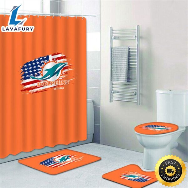 NFL Miami Dolphins Non-Slip Rugs Toilet Lid Cover Bath Mat Shower Curtain 4pcs Sets Hot