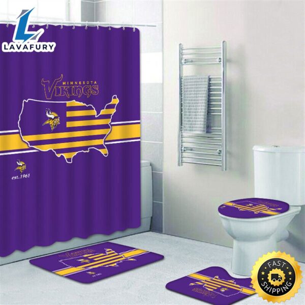 NFL Minnesota Vikings Bath Rugs Set 4pcs Shower Curtain Non-Slip Toilet Lid Cover 33d