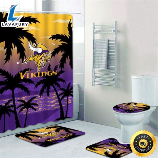 NFL Minnesota Vikings Bath Rugs Set 4pcs Shower Curtain Non-Slip Toilet Lid Cover